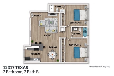 Floor plan for 2 beds, 2 baths, 950 sqft
